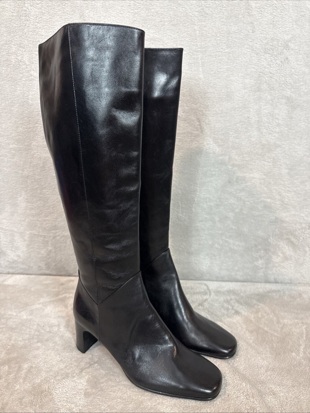 Vintage Van Eli Black Zip Leather Square Toe Heeled Tall Boot Smooth Structured